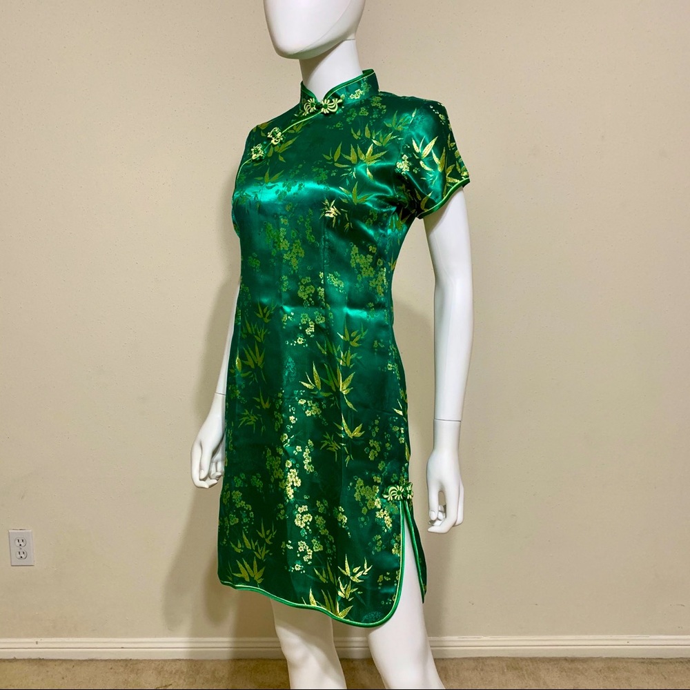 Green satin kimono mini dress